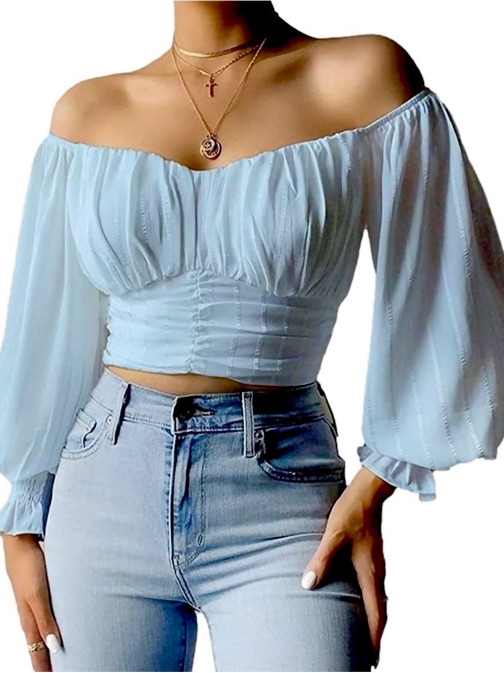 (NEW) Off-Shoulder Light Blue Peasant Crop Top